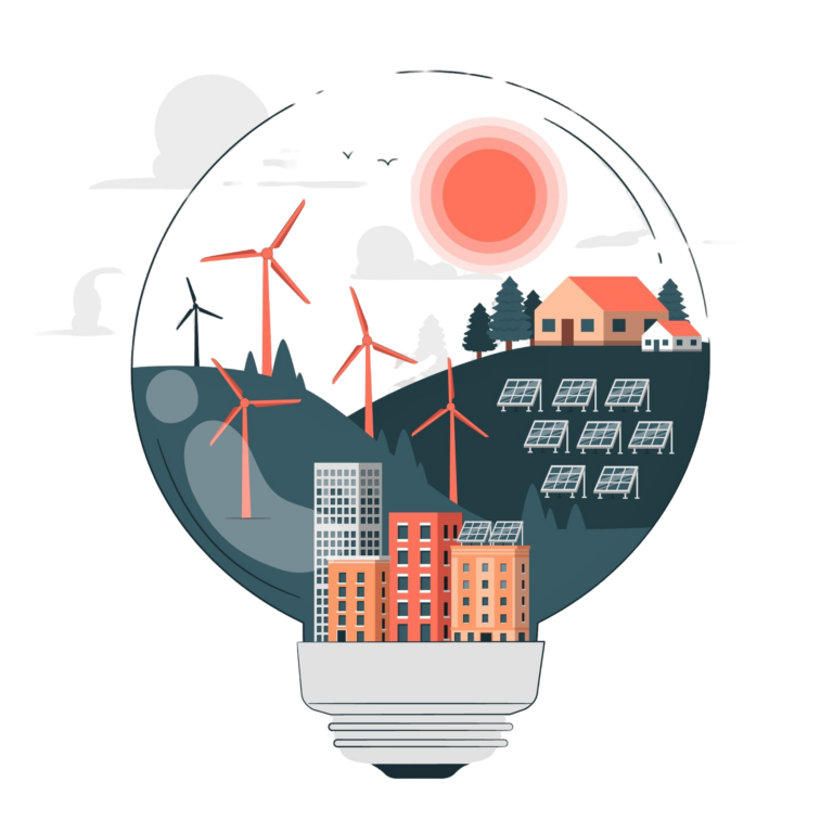 Illustration of a lightbulb featuring wind turbines, solar panels, eco-friendly buildings, and a bright sun symbolizing green technology innovations and sustainability.