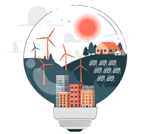 green_tech Illustration of a lightbulb featuring wind turbines, solar panels, eco-friendly buildings, and a bright sun symbolizing green technology innovations and sustainability.